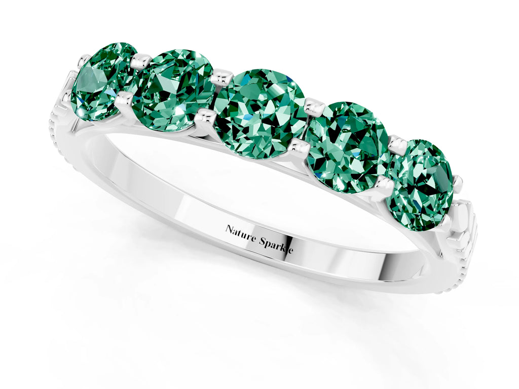 Round Green Sapphire Five-Stone Band in Silver with Prong Setting