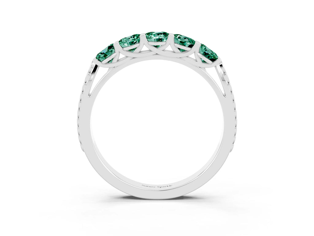Round Green Sapphire Five-Stone Band in Silver with Prong Setting