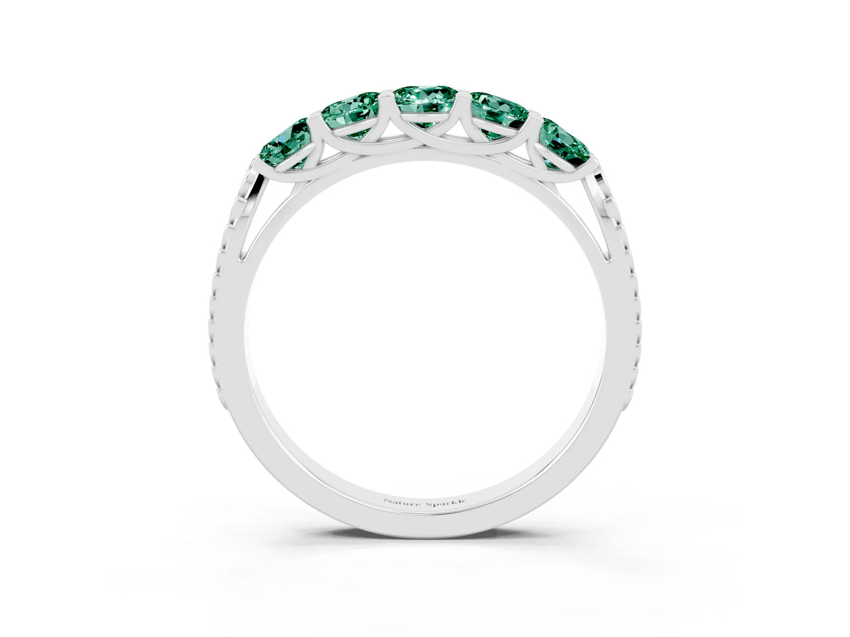 Round Green Sapphire Five-Stone Band in Silver with Prong Setting