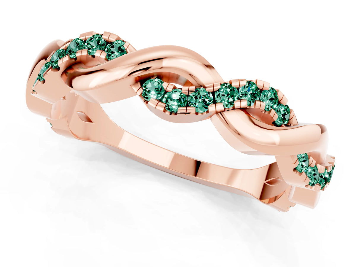 Round Green Sapphire Pavé Twist Eternity Band in Rose gold with Shared Prong Setting