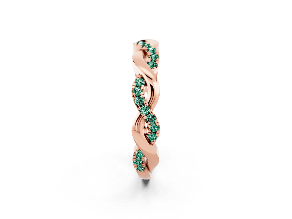 Round Green Sapphire Pavé Twist Eternity Band in Rose gold with Shared Prong Setting