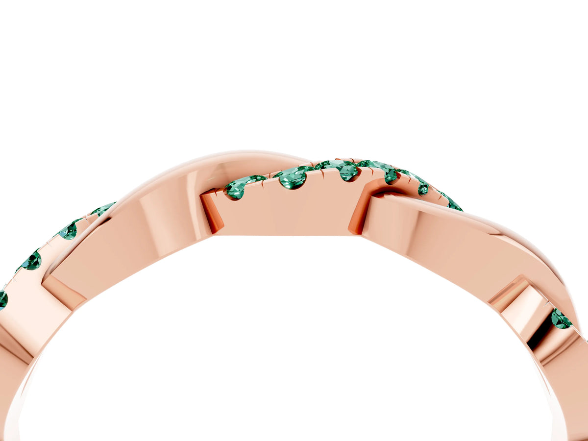 Round Green Sapphire Pavé Twist Eternity Band in Rose gold with Shared Prong Setting