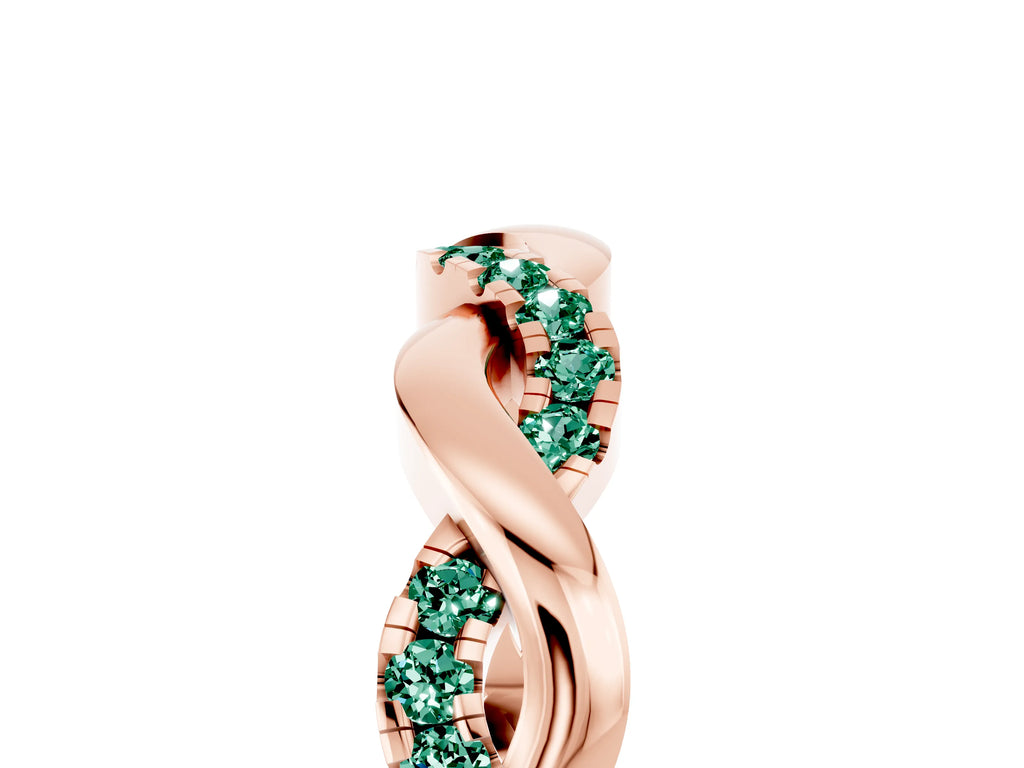 Round Green Sapphire Pavé Twist Eternity Band in Rose gold with Shared Prong Setting