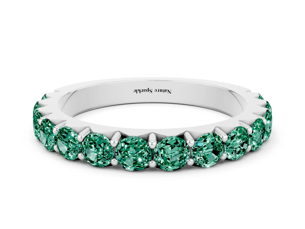 Round Green Sapphire Polished Half Eternity Band in Silver with Classic Prong Setting