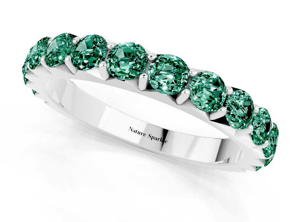 Round Green Sapphire Polished Half Eternity Band in Silver with Classic Prong Setting
