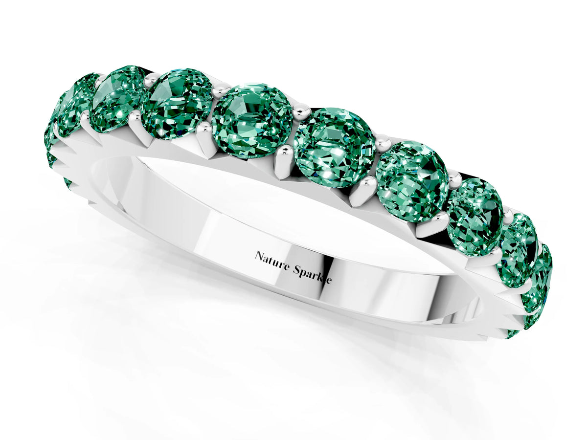 Round Green Sapphire Polished Half Eternity Band in Silver with Classic Prong Setting