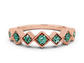 Round Green Sapphire Square Bezel Chevron Band in Rose gold with Milgrain Detailing 