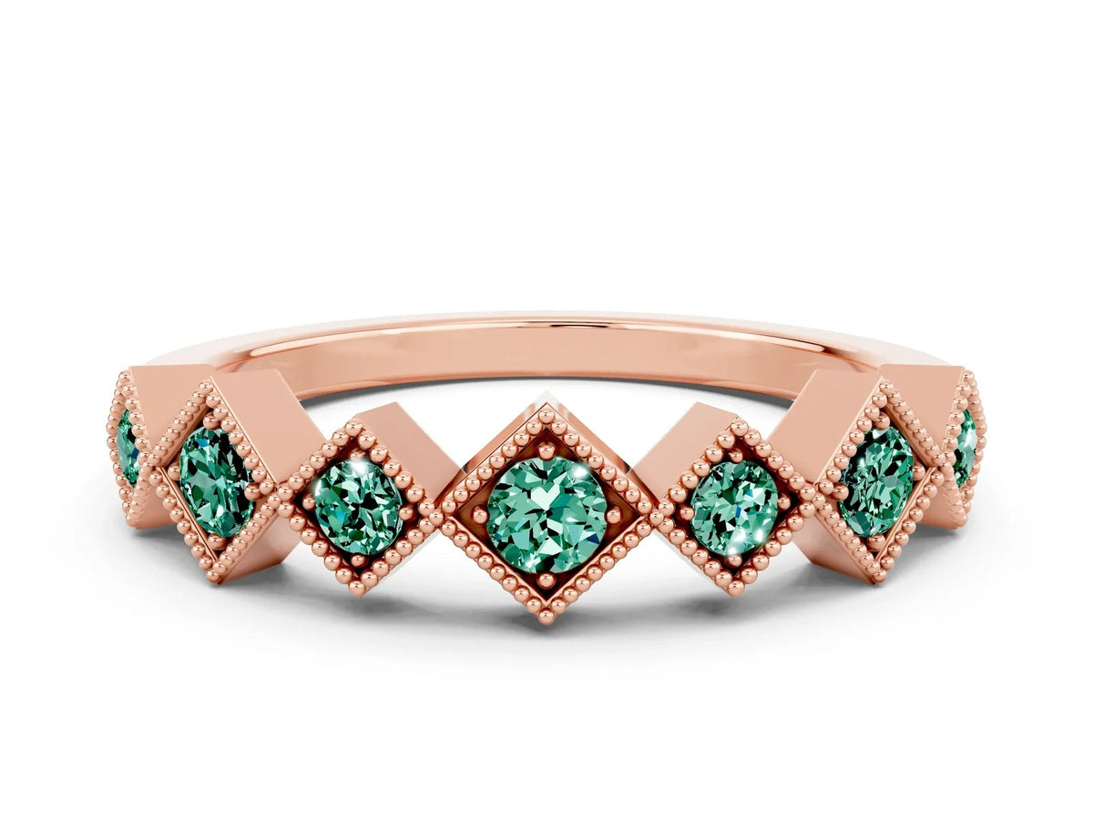Round Green Sapphire Square Bezel Chevron Band in Rose gold with Milgrain Detailing 