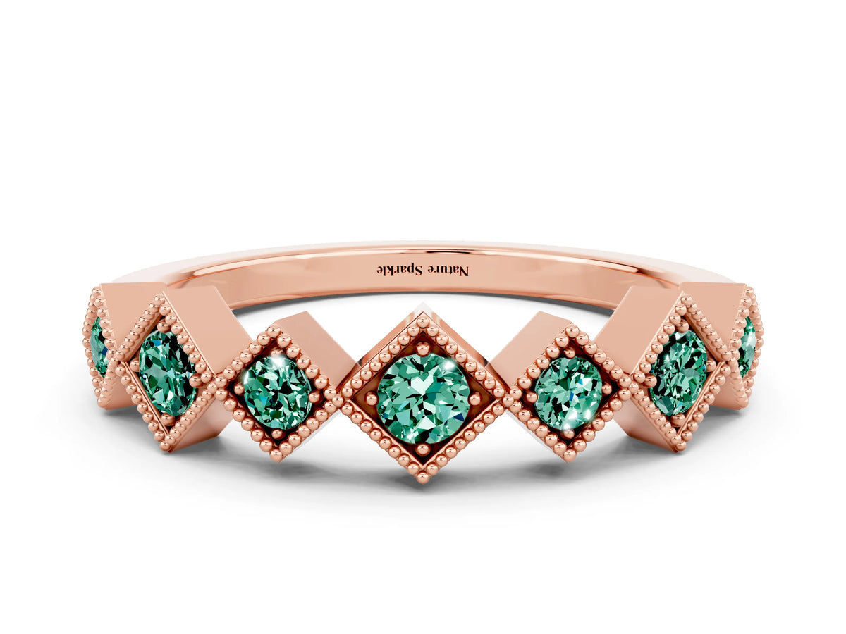 Round Green Sapphire Square Bezel Chevron Band in Rose gold with Milgrain Detailing