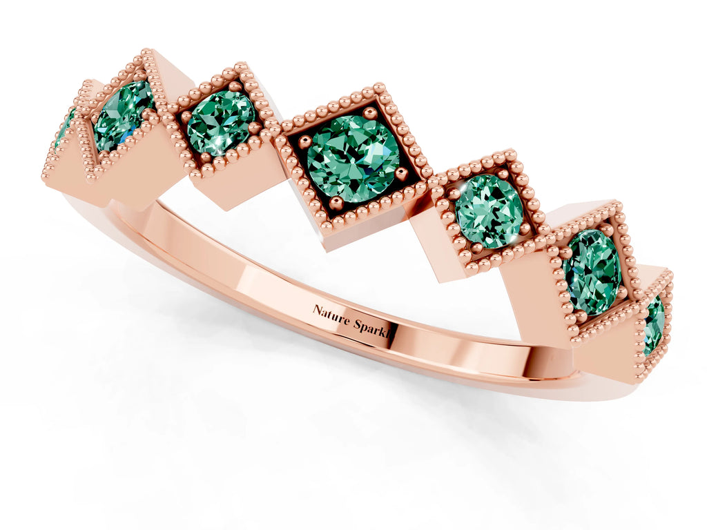 Round Green Sapphire Square Bezel Chevron Band in Rose gold with Milgrain Detailing
