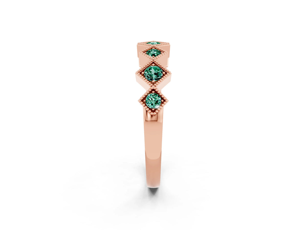 Round Green Sapphire Square Bezel Chevron Band in Rose gold with Milgrain Detailing