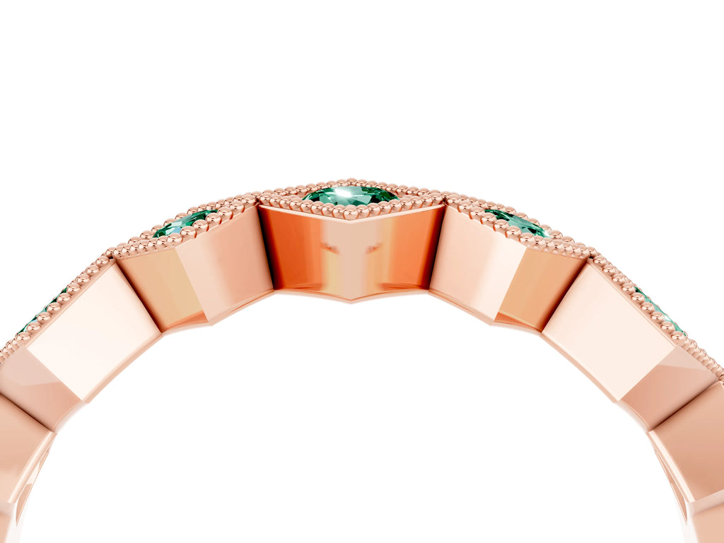 Round Green Sapphire Square Bezel Chevron Band in Rose gold with Milgrain Detailing