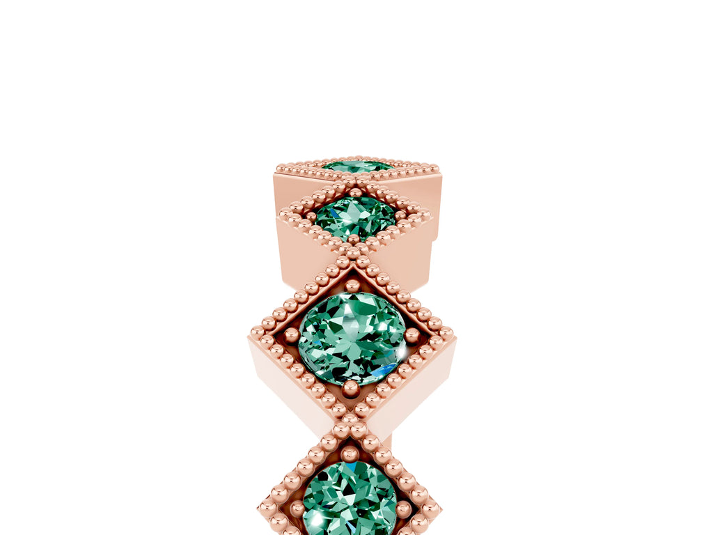 Round Green Sapphire Square Bezel Chevron Band in Rose gold with Milgrain Detailing