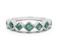 Round Green Sapphire Square Bezel Chevron Band in Silver with Milgrain Detailing 
