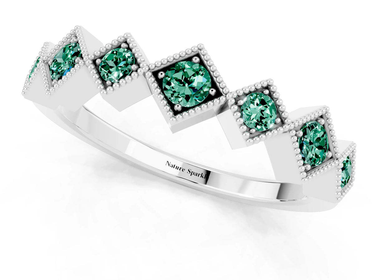 Round Green Sapphire Square Bezel Chevron Band in Silver with Milgrain Detailing