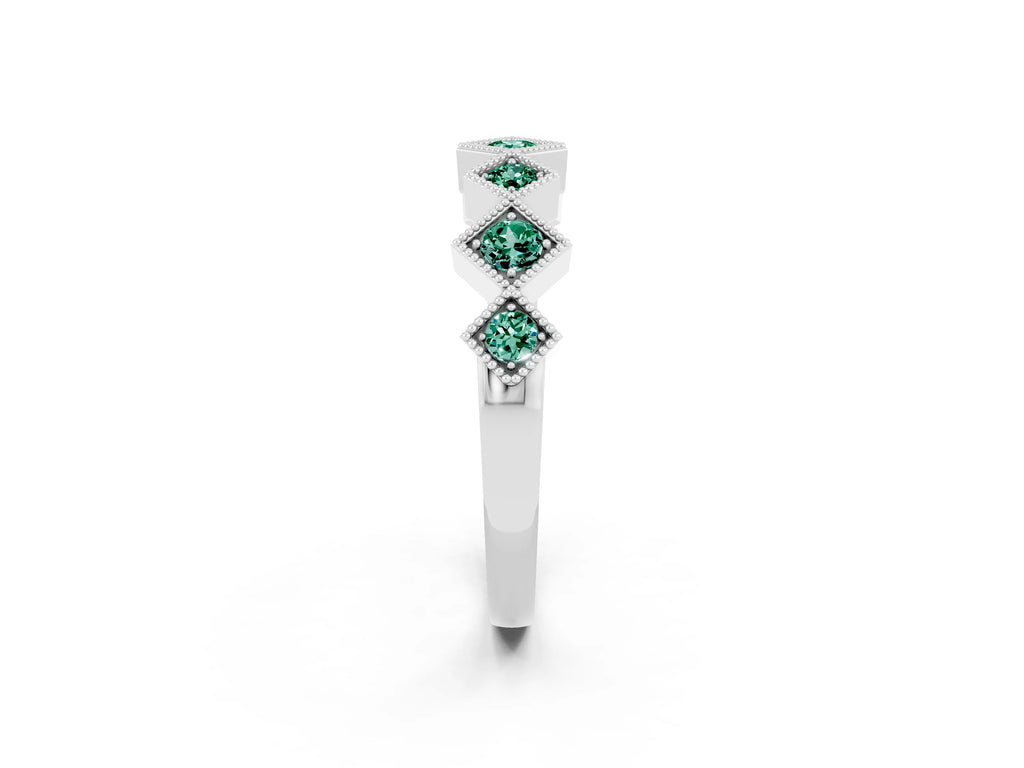 Round Green Sapphire Square Bezel Chevron Band in Silver with Milgrain Detailing