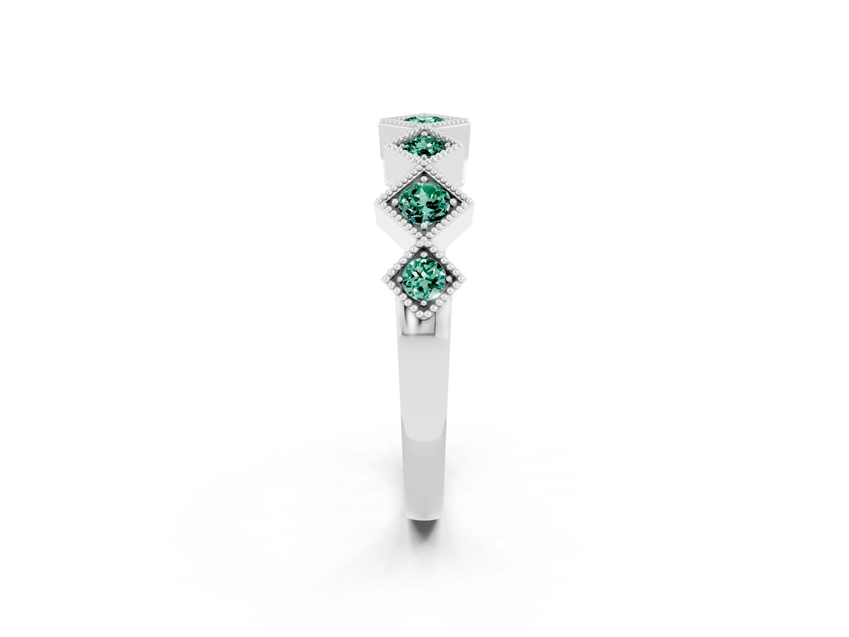 Round Green Sapphire Square Bezel Chevron Band in Silver with Milgrain Detailing