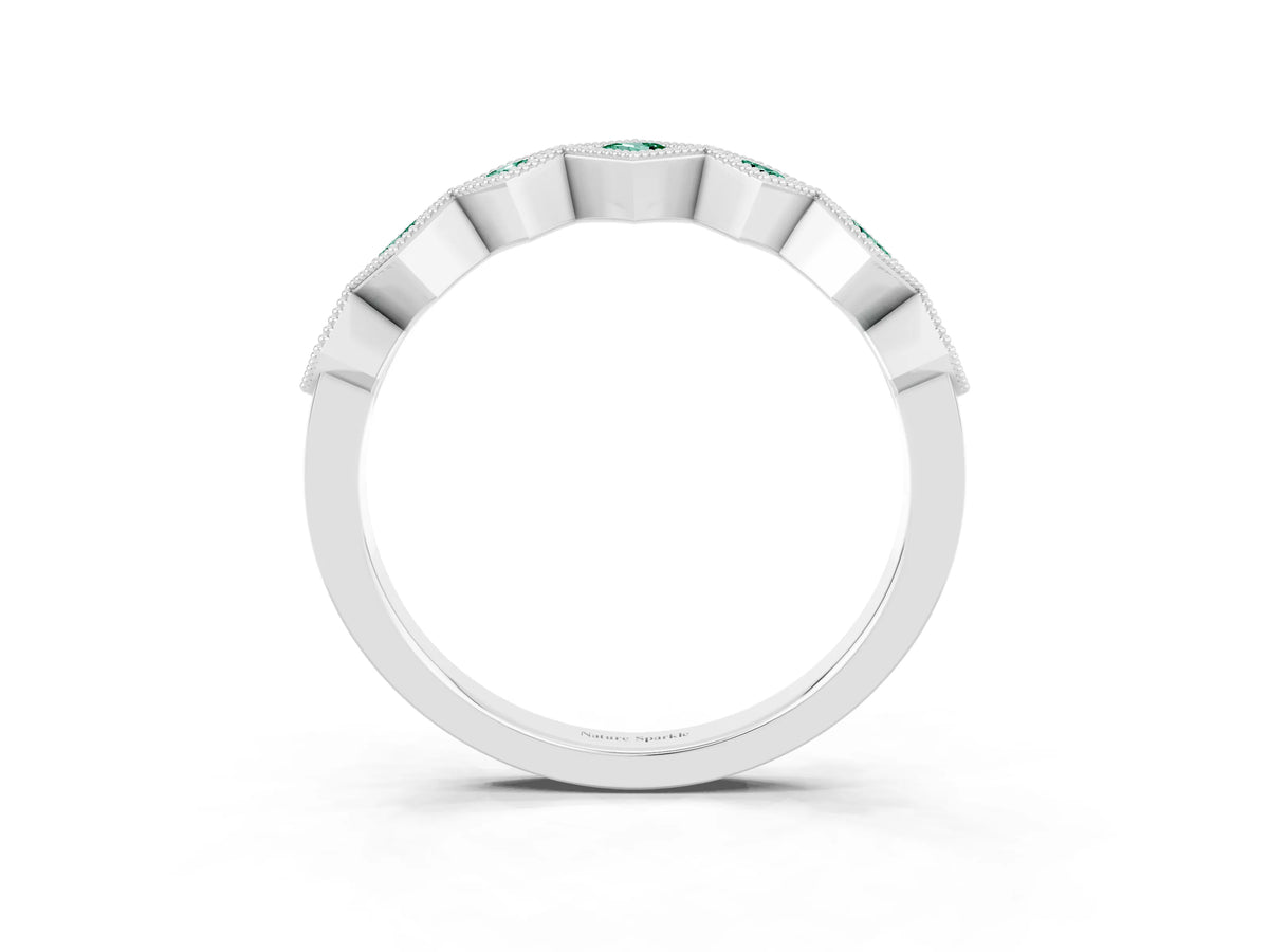 Round Green Sapphire Square Bezel Chevron Band in Silver with Milgrain Detailing