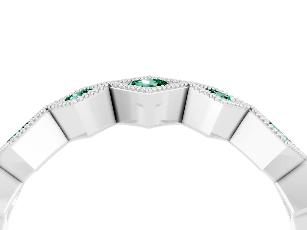 Round Green Sapphire Square Bezel Chevron Band in Silver with Milgrain Detailing