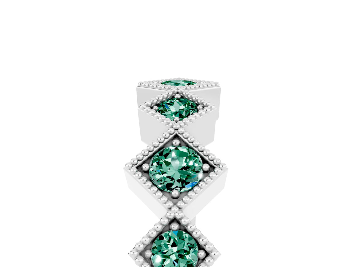 Round Green Sapphire Square Bezel Chevron Band in Silver with Milgrain Detailing