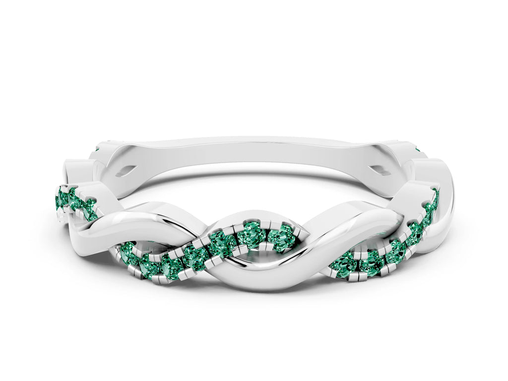 Round Green Sapphire Twist Eternity Band in Silver with Pavé Setting