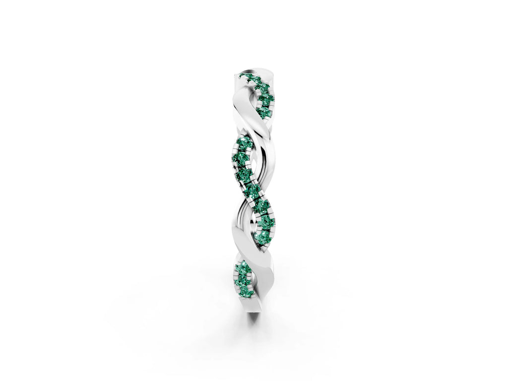 Round Green Sapphire Twist Eternity Band in Silver with Pavé Setting