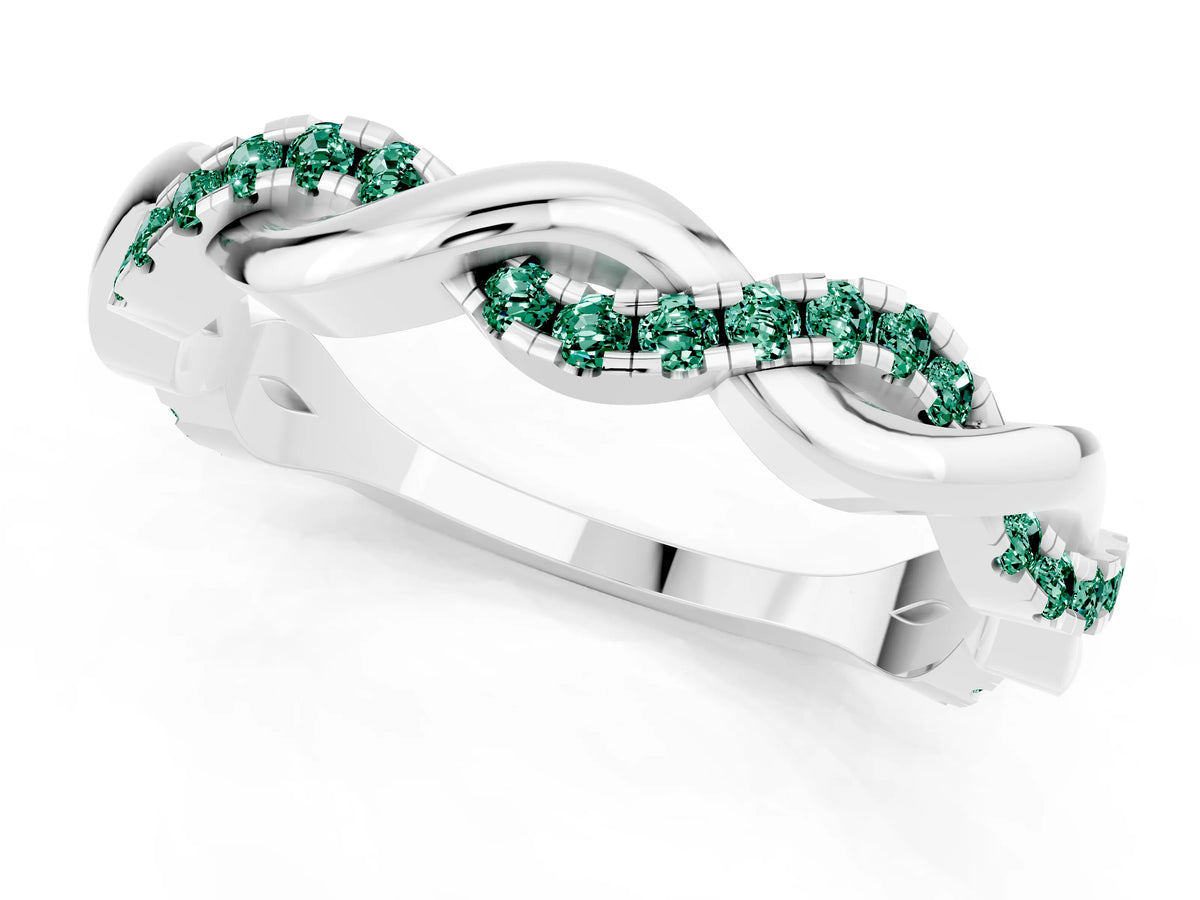 Round Green Sapphire Twist Eternity Band in White gold with Pavé Setting