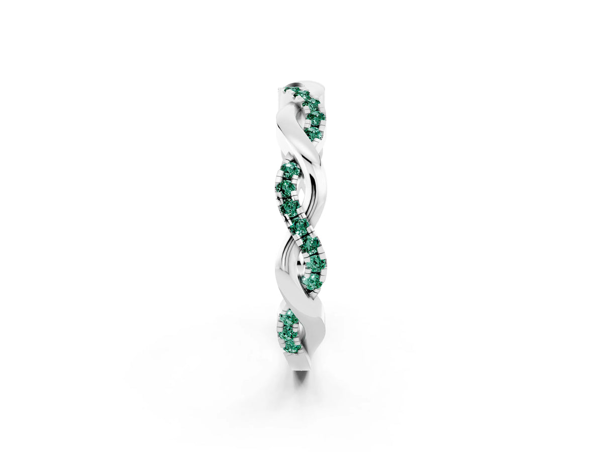Round Green Sapphire Twist Eternity Band in White gold with Pavé Setting