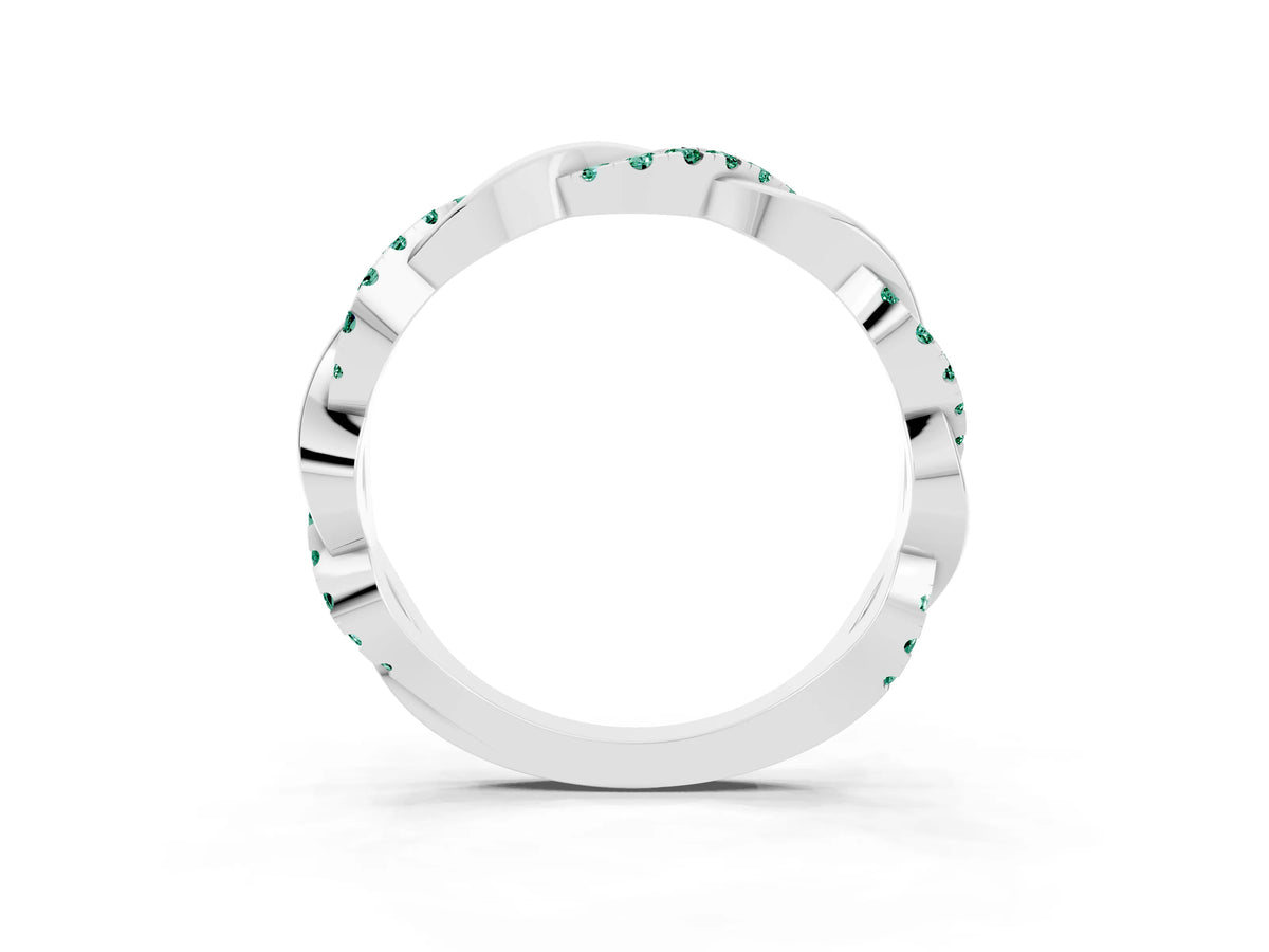 Round Green Sapphire Twist Eternity Band in White gold with Pavé Setting