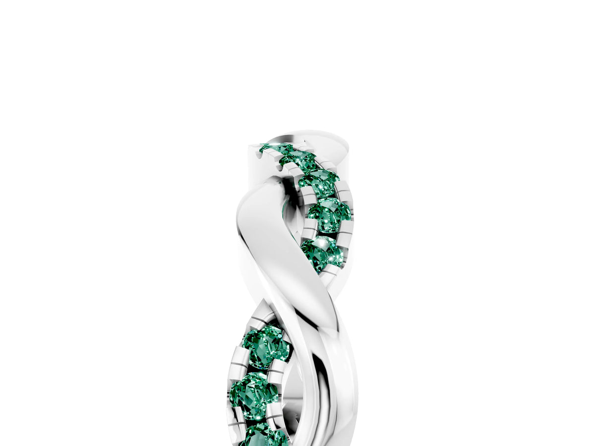 Round Green Sapphire Twist Eternity Band in White gold with Pavé Setting