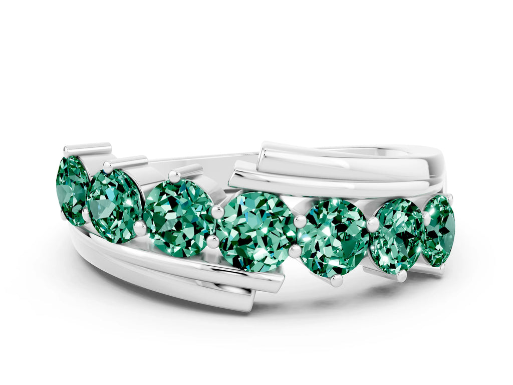 Round Green Sapphire Wave Band in Silver with Channel and Shared Prong Setting
