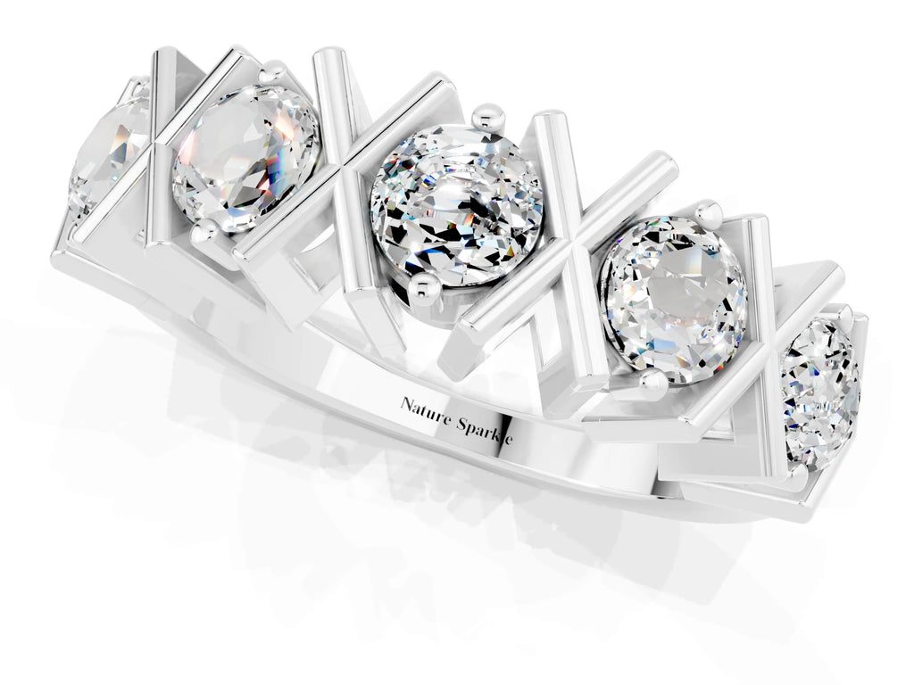 Round Moissanite Channel Set Band in Platinum with X-Prong Detail