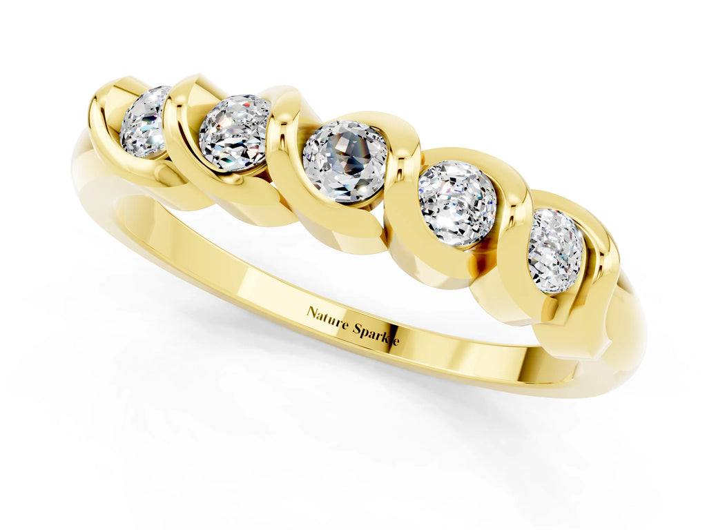 Round Moissanite Eternity Band in Yellow gold with Twist Prong Setting