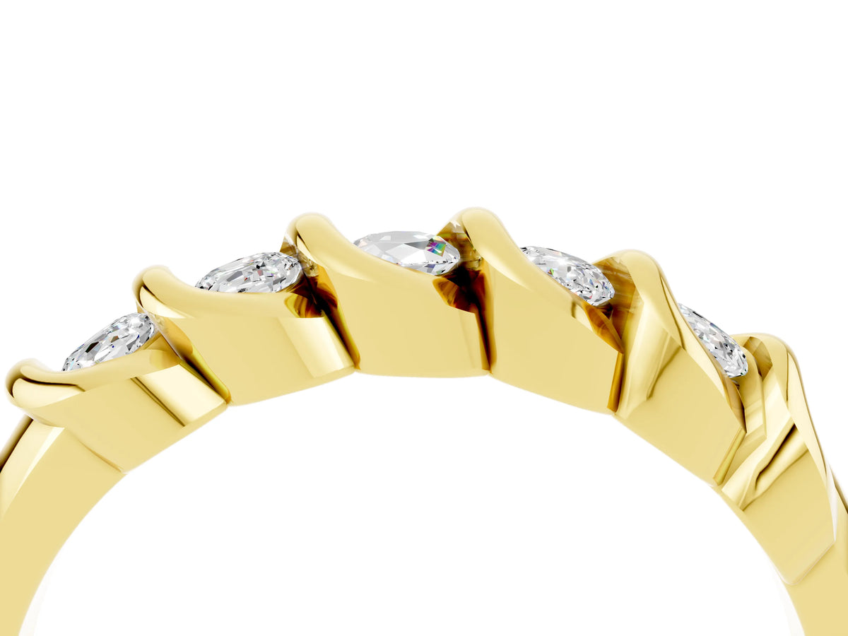 Round Moissanite Eternity Band in Yellow gold with Twist Prong Setting
