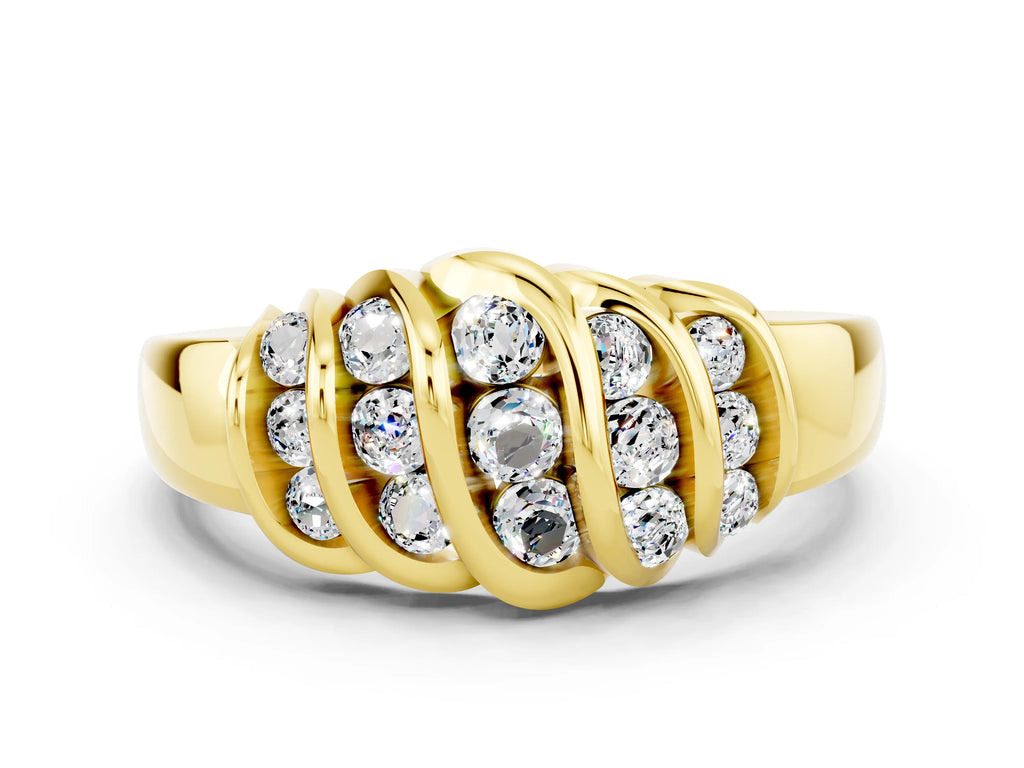 Round Moissanite Multi-Row Crossover Band in Yellow gold with Polished Curves