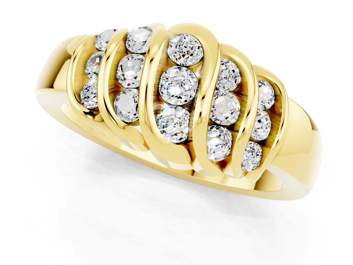 Round Moissanite Multi-Row Crossover Band in Yellow gold with Polished Curves