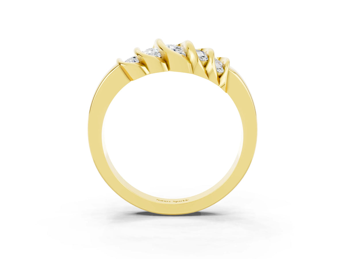 Round Moissanite Multi-Row Crossover Band in Yellow gold with Polished Curves