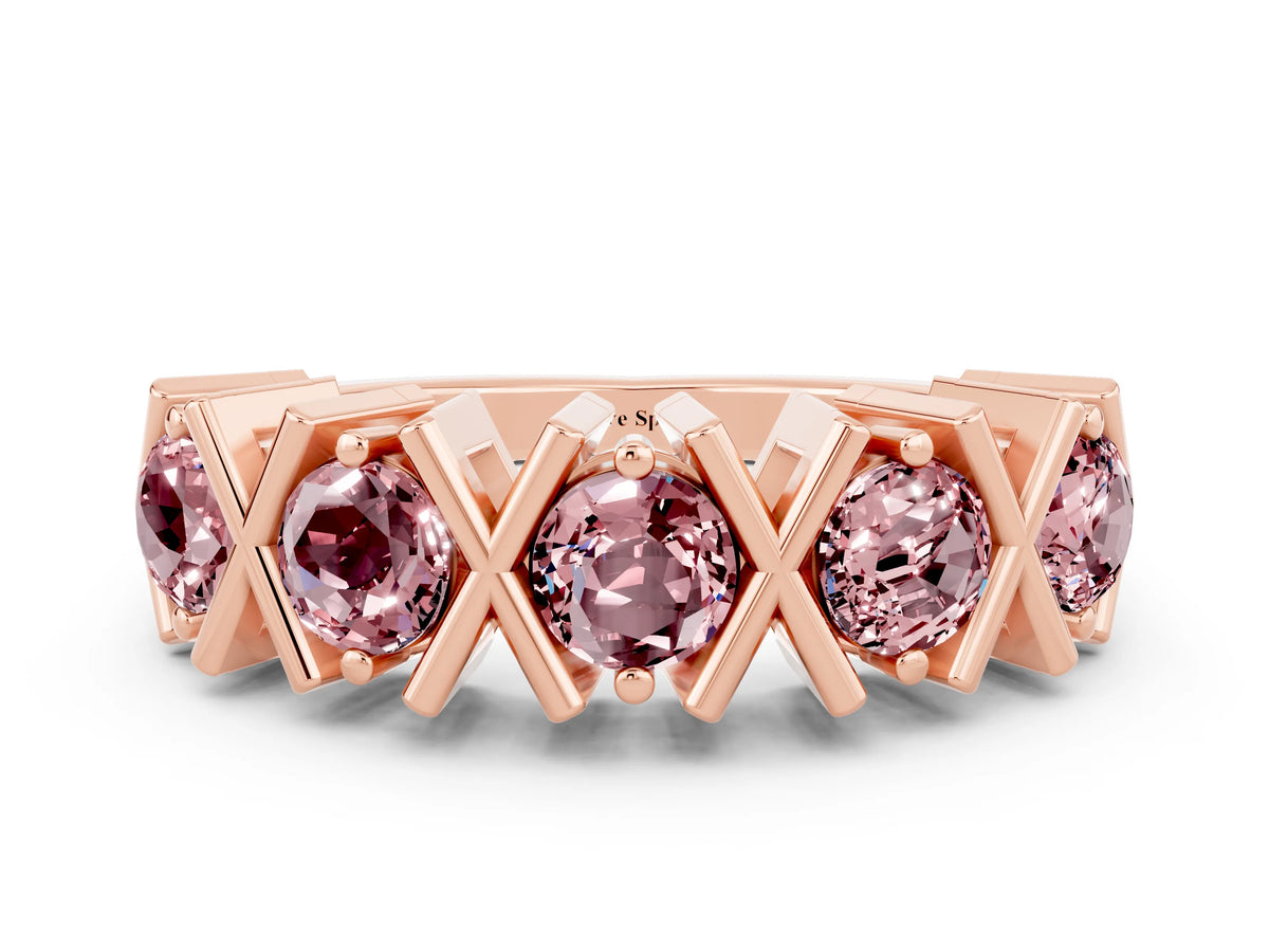 Round Morganite Channel Set Band in Rose gold with X-Prong Detail