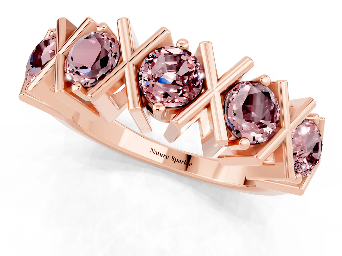 Round Morganite Channel Set Band in Rose gold with X-Prong Detail