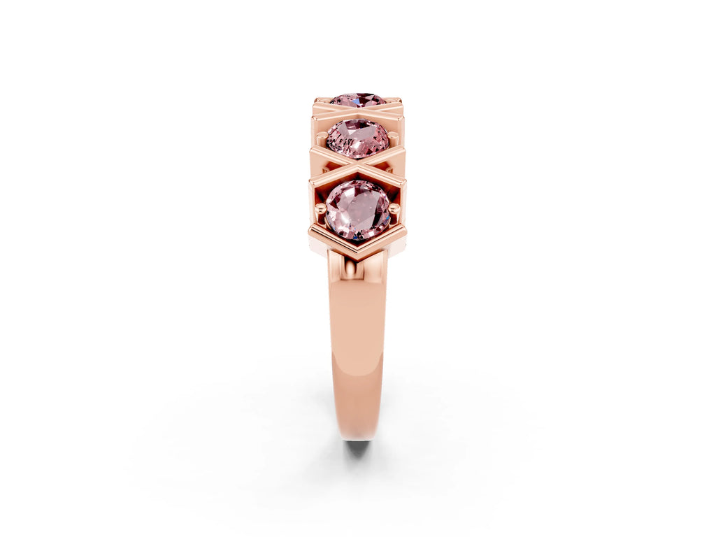 Round Morganite Channel Set Band in Rose gold with X-Prong Detail