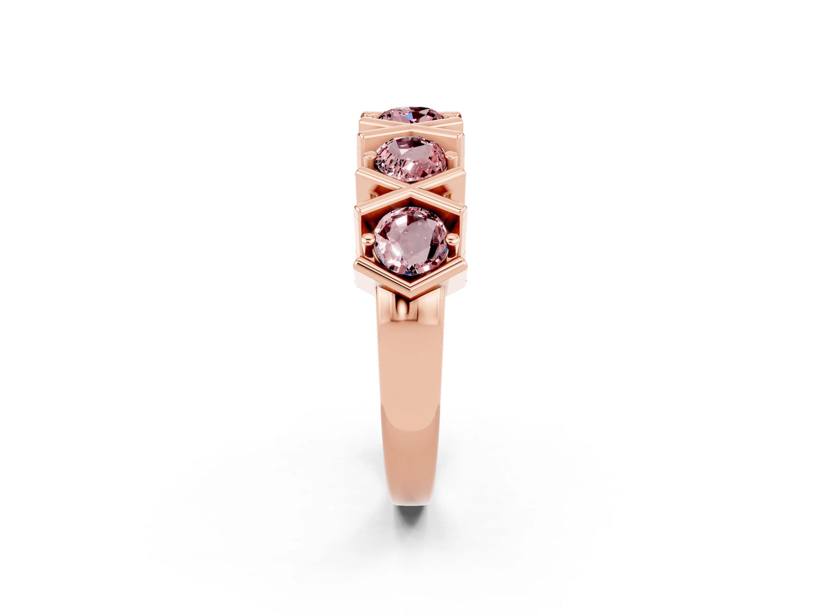 Round Morganite Channel Set Band in Rose gold with X-Prong Detail