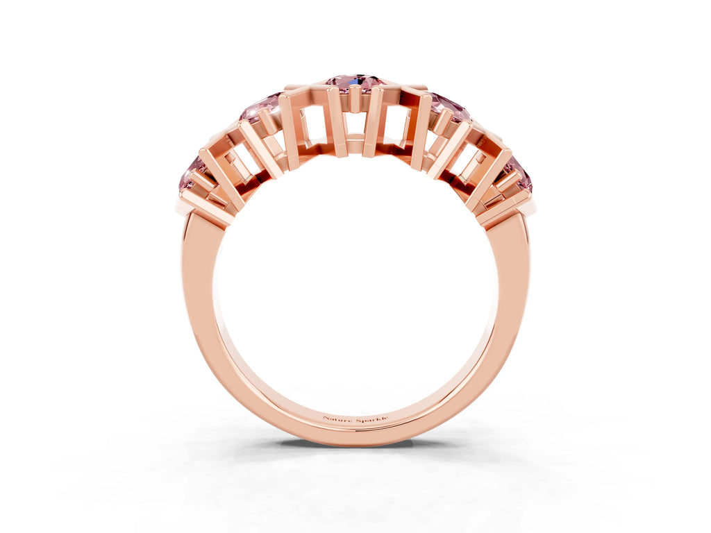 Round Morganite Channel Set Band in Rose gold with X-Prong Detail