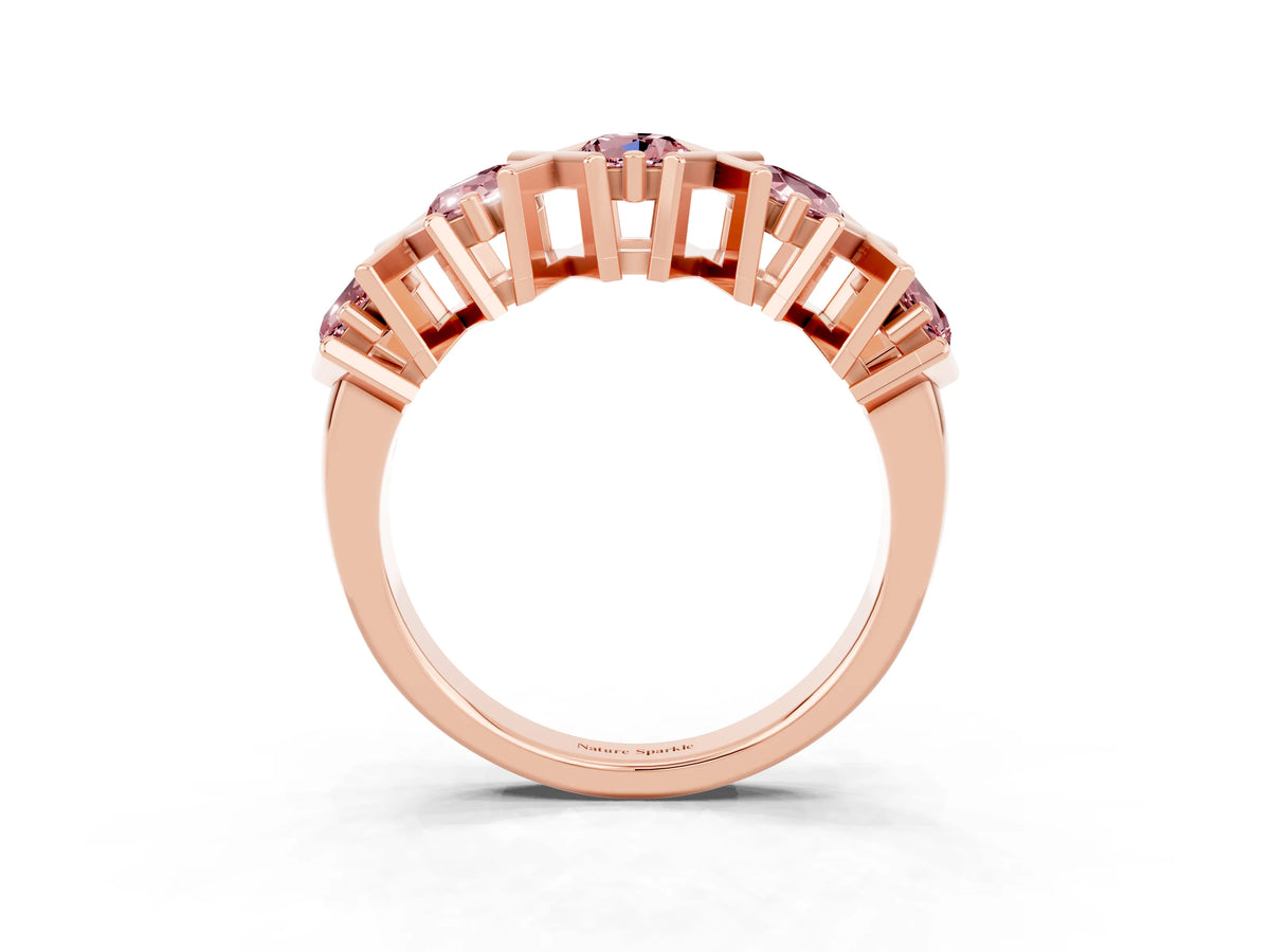 Round Morganite Channel Set Band in Rose gold with X-Prong Detail