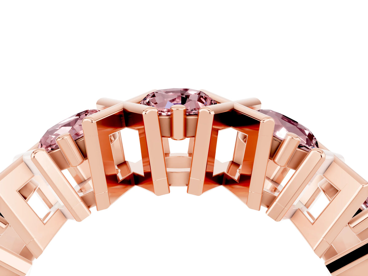 Round Morganite Channel Set Band in Rose gold with X-Prong Detail