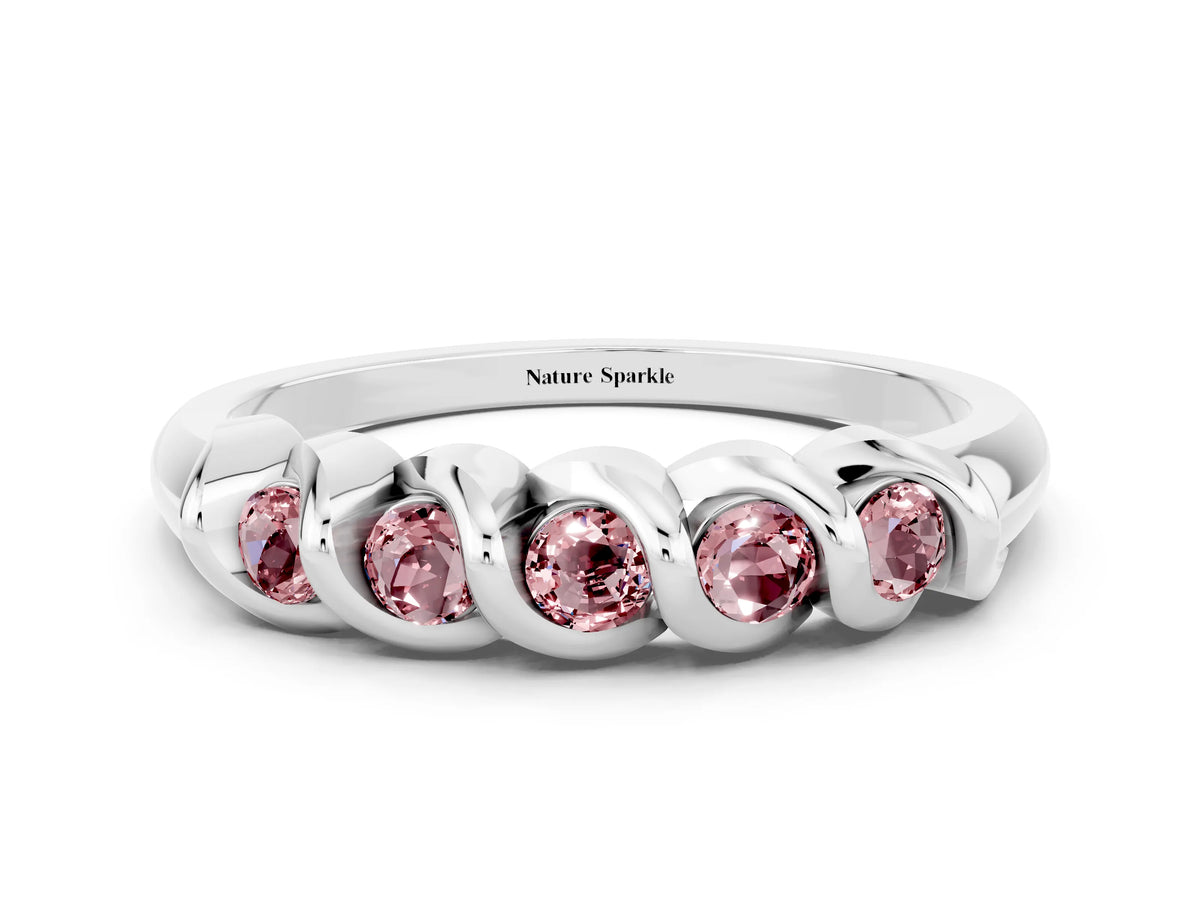 Round Morganite Eternity Band in White gold with Twist Prong Setting