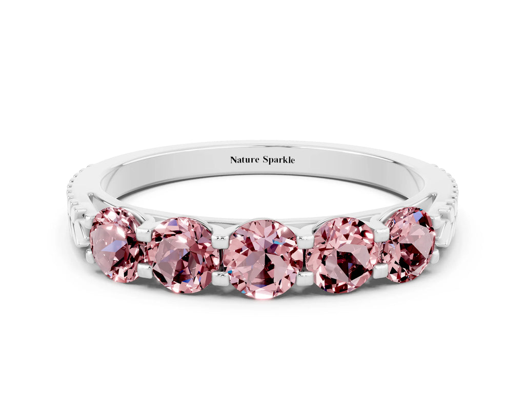 Round Morganite Five-Stone Band in White gold with Prong Setting