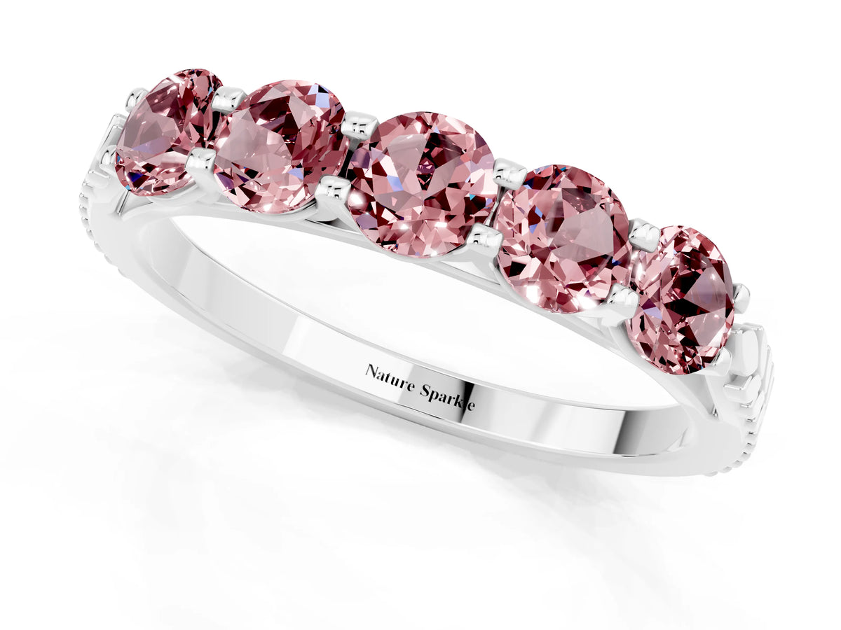 Round Morganite Five-Stone Band in White gold with Prong Setting