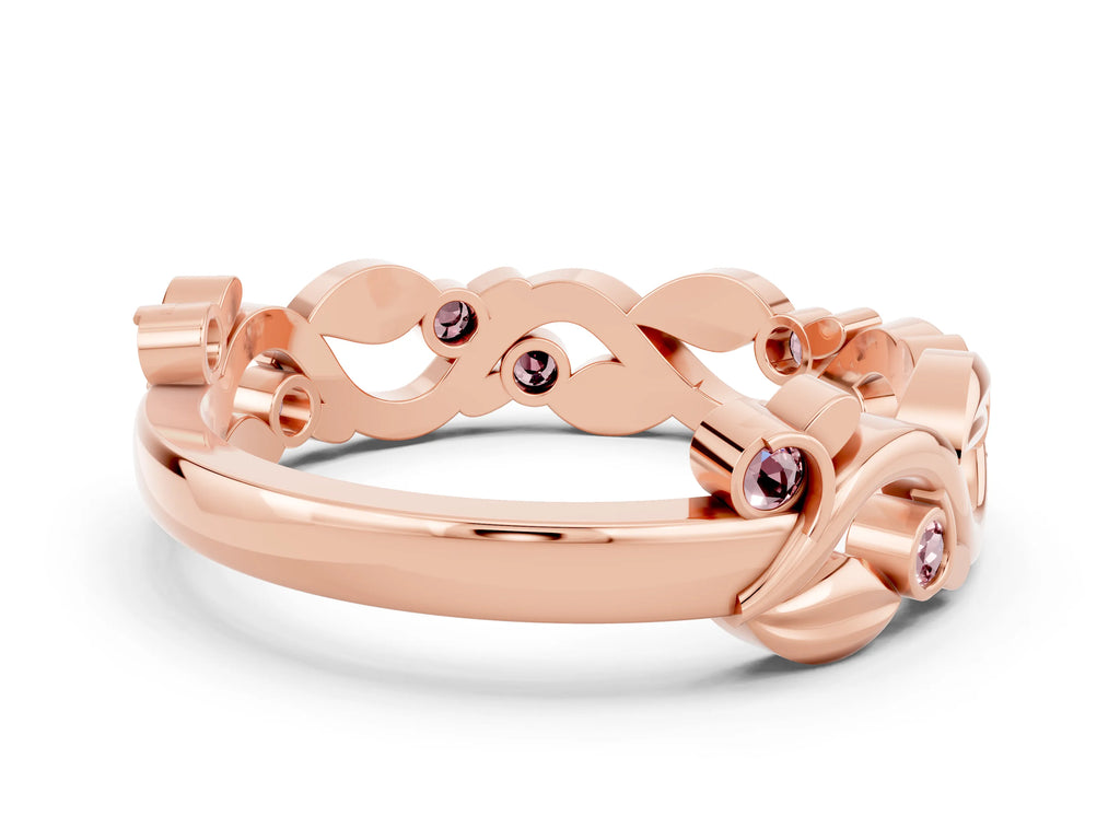 Round Morganite Leaf Motif Eternity Band in Rose gold with Bezel Setting