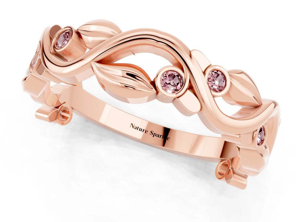 Round Morganite Leaf Motif Eternity Band in Rose gold with Bezel Setting