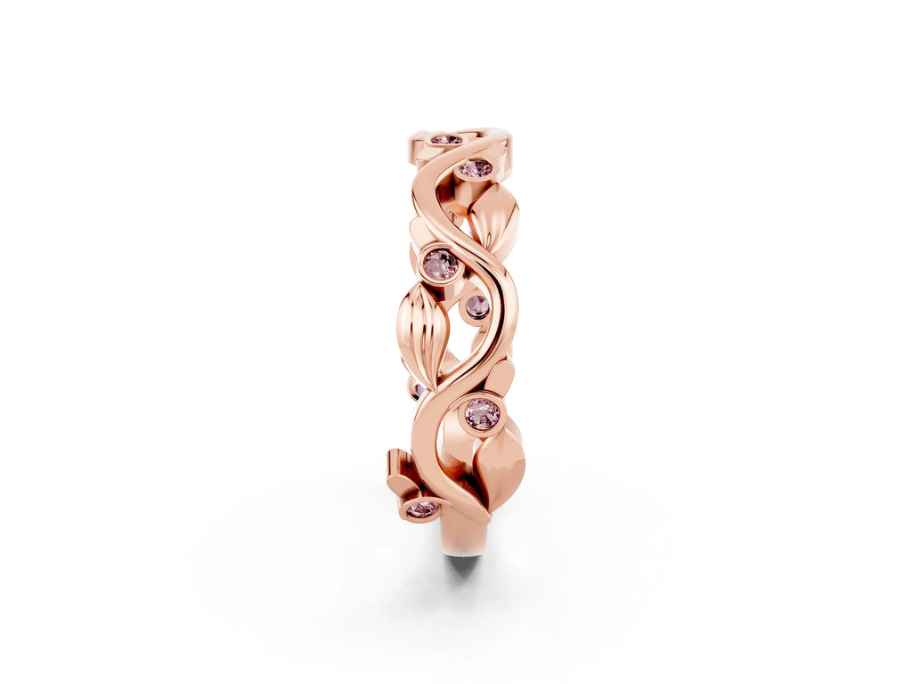 Round Morganite Leaf Motif Eternity Band in Rose gold with Bezel Setting